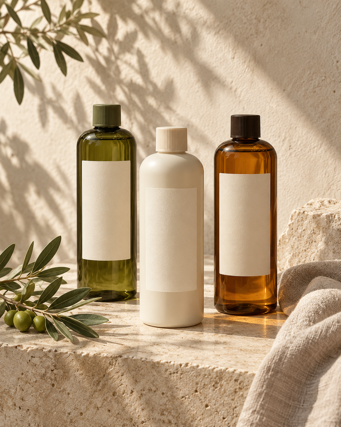 Olive, ivory and amber shampoo bottles on sunlit limestone, beside an olive branch and linen